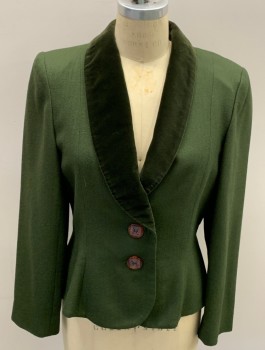 Womens, 2 PC Outfit, GIVENCHY, Dk Green, Wool, Cotton, Chevron, Solid, W 28, B 36, Velvet Shawl Collar, 2 Button Single Breasted, 2 Button @ Back Waist, Button On Sleeves