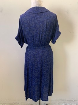 Womens, Dress, NL, Navy Blue, French Blue, Black, Rayon, Floral, W: 32, B: 40, 2 Piece with Matching Belt, Bow at Center Front, Collar Attached, Button Front, Short Sleeves, Pleated Skirt, Hem Below Knee
