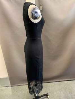 Womens, Dress, Sleeveless, CINQ A SEPT, Black, Polyester, Rayon, Solid, 2, C/N, Long with Lace at BTM Hem.Kick Pleat.