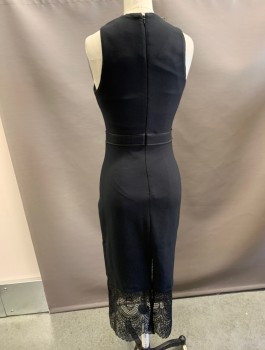 Womens, Dress, Sleeveless, CINQ A SEPT, Black, Polyester, Rayon, Solid, 2, C/N, Long with Lace at BTM Hem.Kick Pleat.