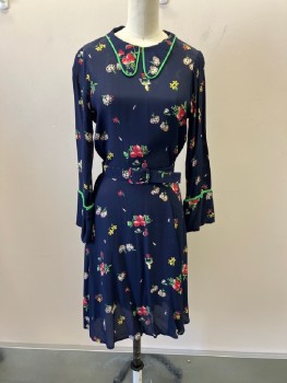 N/L, Navy Blue, Multi-color, Polyester, Floral, Round Neck, C/A Green Piping At  Collar And Cuffed Slvs, CB Zipper. Matching Belt Attached