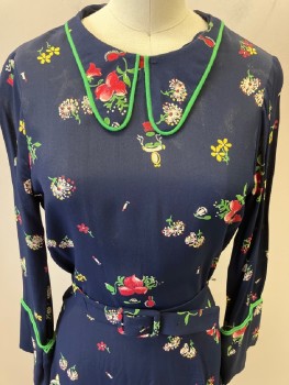 N/L, Navy Blue, Multi-color, Polyester, Floral, Round Neck, C/A Green Piping At  Collar And Cuffed Slvs, CB Zipper. Matching Belt Attached