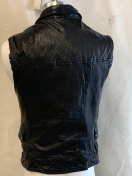 Mens, Leather Vest, ALL SAINTS, Black, Leather, Solid, C: 36, S, C.A., Off Center Zipper, 4 Pckts, Slvls, Front Belt Attached, Back Yokes