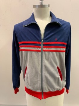 Mens, Jacket, PIERRE CARDIN, Navy Blue, Red, Putty/Khaki Gray, Triacetate, Nylon, Color Blocking, Stripes, C44, Track Jacket, Zip Front, 2 Pockets, Small Logo On Front, Metal Logo Zipper Pull **Small Holes/Tears