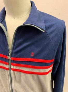 Mens, Jacket, PIERRE CARDIN, Navy Blue, Red, Putty/Khaki Gray, Triacetate, Nylon, Color Blocking, Stripes, C44, Track Jacket, Zip Front, 2 Pockets, Small Logo On Front, Metal Logo Zipper Pull **Small Holes/Tears