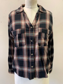 C&C CALIFORNIA, Black, Brick Red, Cream, Gray, Cotton, Rayon, Plaid, L/S, Button Front, Collar Attached, Pocket Chests