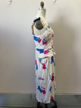 RIMINI, Cream, Turquoise Blue, Fuchsia Pink, Silk, Floral, Jacquard, Square Neck, Gathered Wide Straps Stitched  At Shoulders. Draped Bodice Rouched At Sides And Princess Seams, Back Zip, Slightly Gathered Straight Skirt
