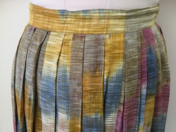 SARAH ARIZONA, Cream, Brown, Yellow, Gray, Dk Red, Rayon, Heathered, Color Blocking, Below Knee, Horizontal Heather Cream, Brown, Yellow, Gray, Dark Red Color Block, 1-1/2" Waist Band, Pleat Skirt, Side Hook & Eye with 2 Buttons.