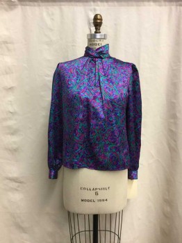 Petite Illustrations, Purple, Green, Pink, Turquoise Blue, Polyester, Paisley/Swirls, High Neck, Pleat Neck With Cross Front Detail, Back Button Up Placket, Long Sleeves, Pleats At Neck, Gathered Shoulder Seams