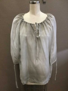 Womens, Historical Fiction Blouse, NO LABEL, Silver, Silk, Solid, S/M, Gathered Scoop Neck With Tie Ribbon, 3/4 Raglan Sleeve W/ Tie Hem, Aged