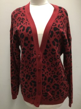 Womens, Sweater, ANINE BING, Red, Black, Cotton, Viscose, Animal Print, Medium, Button Front,