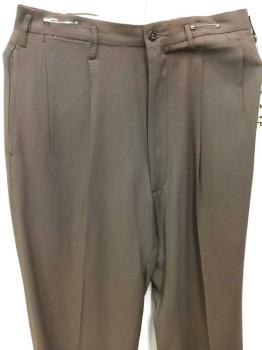 Mens, Slacks, TAMPA TOES, Brown, Wool, Solid, 27+5In, 28W, Plain Weave, Double Pleats, Front Welt Pocket, 2 Pockets Back