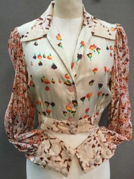 Womens, Blouse, BILL HARGATE, Cream, Red, Pink, Green, Plum Purple, Floral, Geometric, W 26, B 34, Cream W/red, Yellow, Plum, Green Floral Bodice, Geo/diamond Print Long Sleeves,Cream W/light Pink,plum,gold Floral,paisley Print Hem and Cuffs,  (on Bar Code #6153, Missing 1 Button @ Left Cuff), Cropped, See Photo Attached, Double,