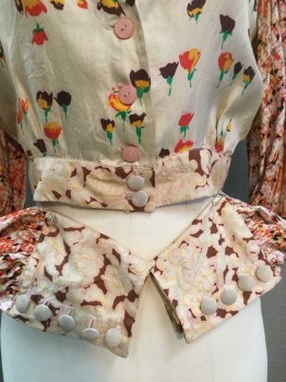 BILL HARGATE, Cream, Red, Pink, Green, Plum Purple, Floral, Geometric, Cream W/red, Yellow, Plum, Green Floral Bodice, Geo/diamond Print Long Sleeves,Cream W/light Pink,plum,gold Floral,paisley Print Hem and Cuffs,  (on Bar Code #6153, Missing 1 Button @ Left Cuff), Cropped, See Photo Attached, Double,