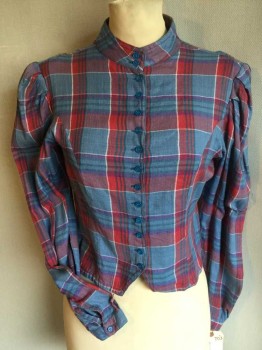 Womens, Blouse, SANTA CRUZ, Slate Blue, Red, Purple, Green, Cotton, Plaid, M, BLOUSE:  Slate Blue, Red, Purple, Green Plaid, Stand Collar Attached W/2 Buttons, Button Front, Long Sleeves, See Photo Attached,