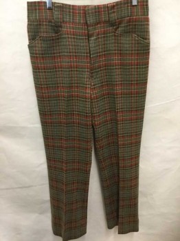 H.I.S, Rust Orange, Taupe, Tan Brown, Brown, Polyester, Plaid, Flat Front, Zip Fly, 4 Pockets, Front Pockets Have Angled Edge, Straight Leg,