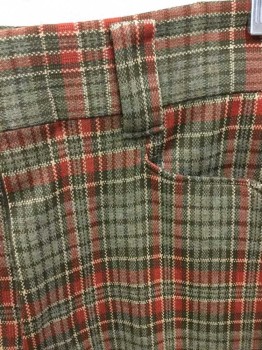 Mens, Slacks, H.I.S, Rust Orange, Taupe, Tan Brown, Brown, Polyester, Plaid, Ins:30, W:30, Flat Front, Zip Fly, 4 Pockets, Front Pockets Have Angled Edge, Straight Leg,