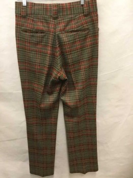 Mens, Slacks, H.I.S, Rust Orange, Taupe, Tan Brown, Brown, Polyester, Plaid, Ins:30, W:30, Flat Front, Zip Fly, 4 Pockets, Front Pockets Have Angled Edge, Straight Leg,
