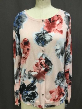 CECE, Peach Orange, Black, Gray, Slate Blue, Dk Red, Cotton, Floral, Peach-orange W/black, Gray, Slate Blue, Dark Red, Salmon, Floral Print, Round Neck,  Metal Bf, Long Sleeves, See Photo Attached,