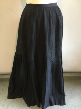 N/L, Black, Cotton, Solid, Many Vertical Pleated Panels with Diagonal Chevron Pintucks, Decorative Self Fabric Covered Buttons, 1" Wide Faille Waistband, Hidden Hook & Eye Closures At Center Back, Floor Length Hem,