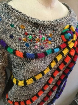 Womens, Sweater, MARIEA KIM, Slate Blue, Black, Multi-color, Cotton, Silk, XS, Long Sleeves, Bateau/Boat Neck, Multi-color Stripped Swirls On Left, Upper Right Has Mulit-color Gems