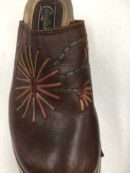 Womens, Shoes, CANDIES, Brown, Burnt Orange, Tan Brown, Leather, Floral, 7, Mules, Wood Sole, Leather Upper with Woven Floral Detail, Clogs