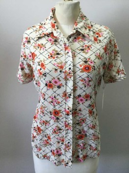 PAULA, Cream, Pink, Red, Black, Polyester, Floral, Button Front, Short Sleeves, Collar Attached, Stretch Knit