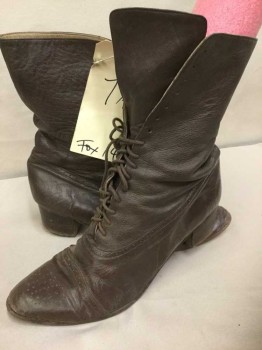 Womens, Boots 1890s-1910s, Brown, Leather, Solid, 7.5, Lace Up, Mid-calf, 1.5" Stack Heel, Perforated Detail On Toe. Aged/Distressed,