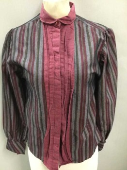 SOMETHING ELSIE, Red Burgundy, Gray, Dk Green, Yellow, Cotton, Polyester, Stripes - Vertical , Striped Body, W/Solid Burgundy Peter Pan Collar & Pleated Button Placket At Center Front, Long Sleeve Button Front,  Puff Sleeves,