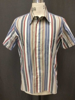 Mens, Casual Shirt, N/L, Blue, Maroon Red, Lt Brown, White, Sage Green, Poly/Cotton, Stripes, L, N 17, S/S, C.A., Button Front,  2 Pockets