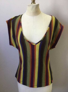 MISS SIXTY, Multi-color, Olive Green, Orange, Yellow, Purple, Wool, Acrylic, Stripes - Vertical , Rainbow Jersey Knit, Cap Sleeve, Plunging V-neck, Yellow Self Tie Straps That Tie in Back of Neck,