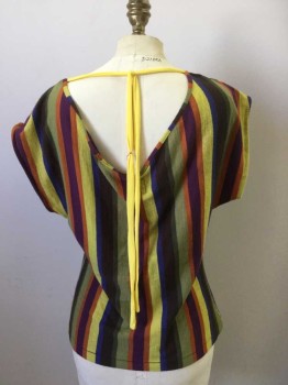 Womens, Top, MISS SIXTY, Multi-color, Olive Green, Orange, Yellow, Purple, Wool, Acrylic, Stripes - Vertical , S, Rainbow Jersey Knit, Cap Sleeve, Plunging V-neck, Yellow Self Tie Straps That Tie in Back of Neck,