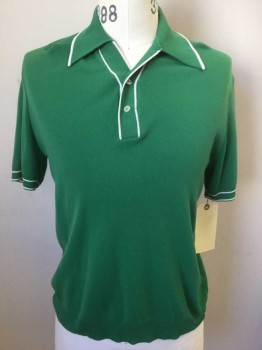 SEARS, Kelly Green, White, Polyester, Solid, White Detailed Trim, 2 Buttons,  V-neck, Short Sleeves,