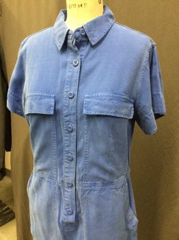 Womens, Dress, Short Sleeve, J.CREW, Royal Blue, Cotton, Solid, 8, Collar Attached, Button Front, Short Sleeves, 2 Slant Skirt Pockets, Short Sleeves,
