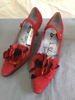 Womens, Shoes, DONNA MAY BOLINGER, Red, Black, Suede, Beaded, Solid, Floral, 9, Custom Made, Louis Heel, Mary Jane, Pointed, Large Flower Detail, Button Strap, Double,