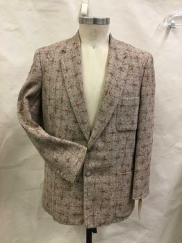 Mens, Blazer/Sport Co, FASHION TAILORED, Lt Brown, Rust Orange, Brown, Wool, Plaid, Tweed, 44L, Single Breasted, 2 Buttons,  Notched Lapel, 3 Patch Pocket, Partially Lined, Scratchy