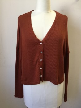 URBAN OUTFITTERS, Sienna Brown, Polyester, Rayon, Solid, Waffle Knit, Extended Shoulders, L/S, 5 White Pearlized Buttons, Raw Edge Neck/Placket