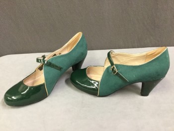 Womens, Shoes, CHEALSEA CREW, Forest Green, Gold, Leather, Suede, Solid, 8.5, 2" Heel, Mary Jane Strap with Buckle, Patent Toes and Heel, Suede Vamp, Gold Piping