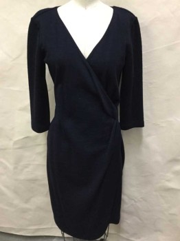 Womens, Dress, Long & 3/4 Sleeve, BROOKS BROTHERS, Black, Wool, Nylon, Heathered, 2, Heather Black, Stretchy, Over Lap V-neck W/3 Pleat (to the Side), 3/4 Sleeves, Zip Back,