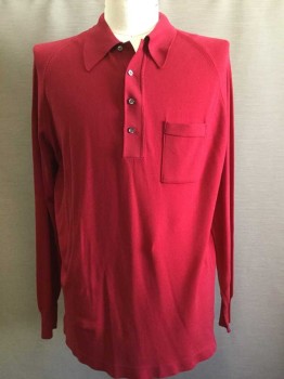 Mens, Polo Shirt, PURITAN, Wine Red, Polyester, Ban-lon Synthetic, Solid, XXL, Raglan Long Sleeves, 4 Buttons, 1 Pocket, Rib Knit Pointy Collar/Placket/Cuff/Waistband,