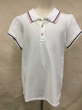 H&M, White, Navy Blue, Pink, Cotton, Spandex, Solid, Solid White Girls Pique Polo, Short Sleeves, Ribbed Knit Collar/Cuff with Navy/Pink Stripes