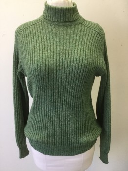 COX MOORE, Green, Lt Gray, Wool, Heathered, Raglan L/S, Turtleneck, Ribbed Knit *Couple of Moth Holes Hidden Throughout