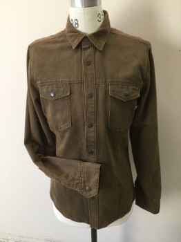 JEREMIAH, Tobacco Brown, Cotton, Solid, Oil Treated Brushed Cotton. Rust Zig Zag Stitching at Shoulders, Long Sleeves, Collar Attached, Snap Front Clos 2 Button Flap Pockets