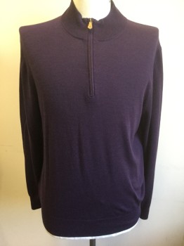 Mens, Pullover Sweater, BROOKS BROTHERS, Aubergine Purple, Wool, Solid, XL, Lightweight Knit, Mock Neck, 8" Long Zipper at Center Front Neck, Long Sleeves