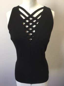 BAILEY, Black, Rayon, Nylon, Solid, Black Stretch, Sleeveless, Deep V-neck with Self Criss-Crossed Fabric Straps **Barcode is Located Underneath Bust Lining at Side Seam