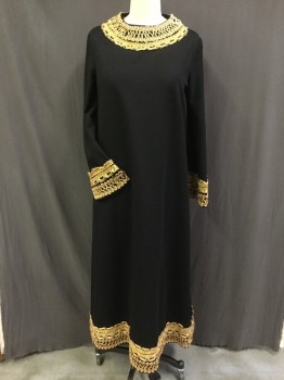 Womens, Evening Gown, MTO, Black, Gold, Wool, Polyester, Solid, Abstract , 44w, 42b, Heavy Crepe, Round Neck,  Long Sleeves, Back Zipper, Mod Evening, Thick Gold Rope Decoration at Neck and Cuffs