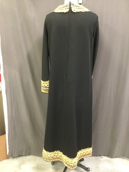 Womens, Evening Gown, MTO, Black, Gold, Wool, Polyester, Solid, Abstract , 44w, 42b, Heavy Crepe, Round Neck,  Long Sleeves, Back Zipper, Mod Evening, Thick Gold Rope Decoration at Neck and Cuffs