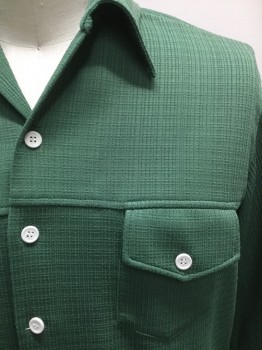 MATCHABLES, Forest Green, Polyester, Grid , Button Front, Long Sleeves, Collar Attached, 2 Pockets with Flaps, White Plastic Buttons, Textured Knit in Grid Pattern, a Few Snags on the Back