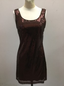 WILD CAT, Copper Metallic, Black, Synthetic, Sequins, Shift Dress in Copper Brown Sequin, Scoop Neck, Sleeveless. Damaged at Neck Front