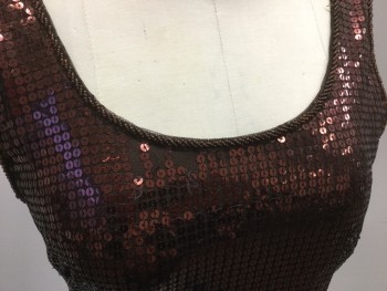 WILD CAT, Copper Metallic, Black, Synthetic, Sequins, Shift Dress in Copper Brown Sequin, Scoop Neck, Sleeveless. Damaged at Neck Front